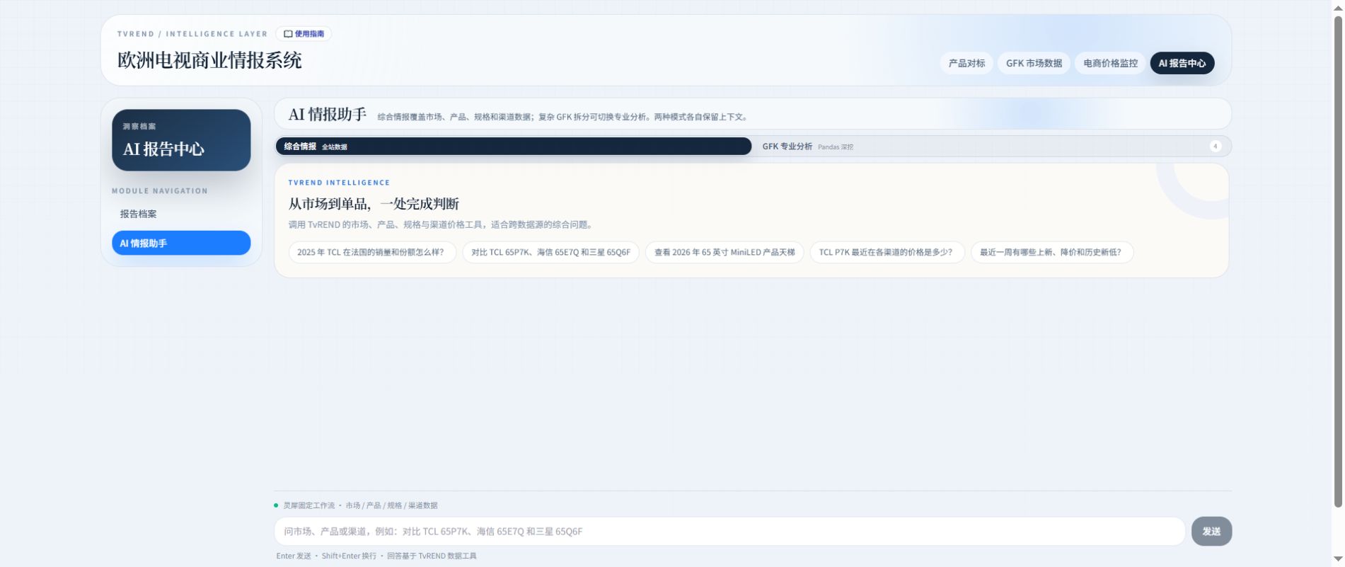 TVTREND AI 情报助手开始聊天界面，提供灵犀综合情报与 GFK 专业分析两个 Agent